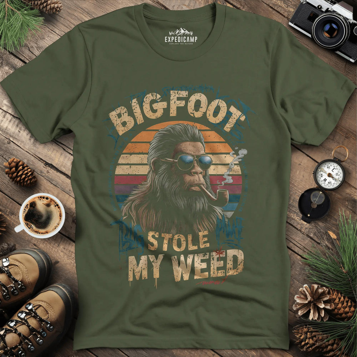 Bigfoot Stole My Weed T-Shirt – Military Green – Outdoor apparel for travel, hiking, camping, and nature lovers – ExpediCamp