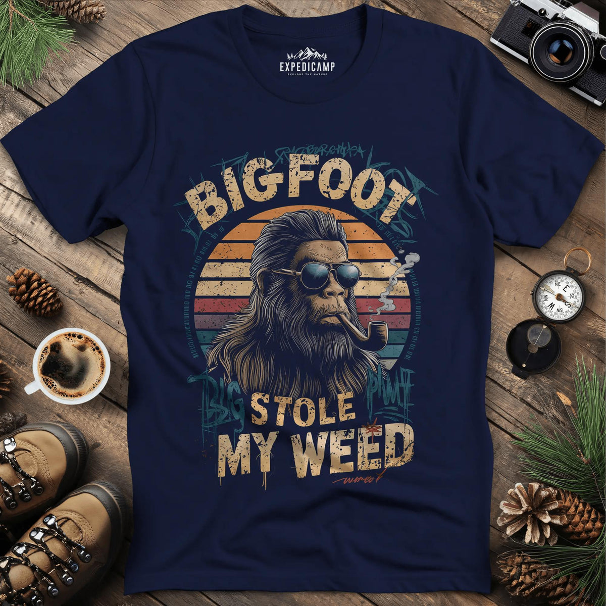 Bigfoot Stole My Weed T-Shirt – Navy – Outdoor apparel for travel, hiking, camping, and nature lovers – ExpediCamp
