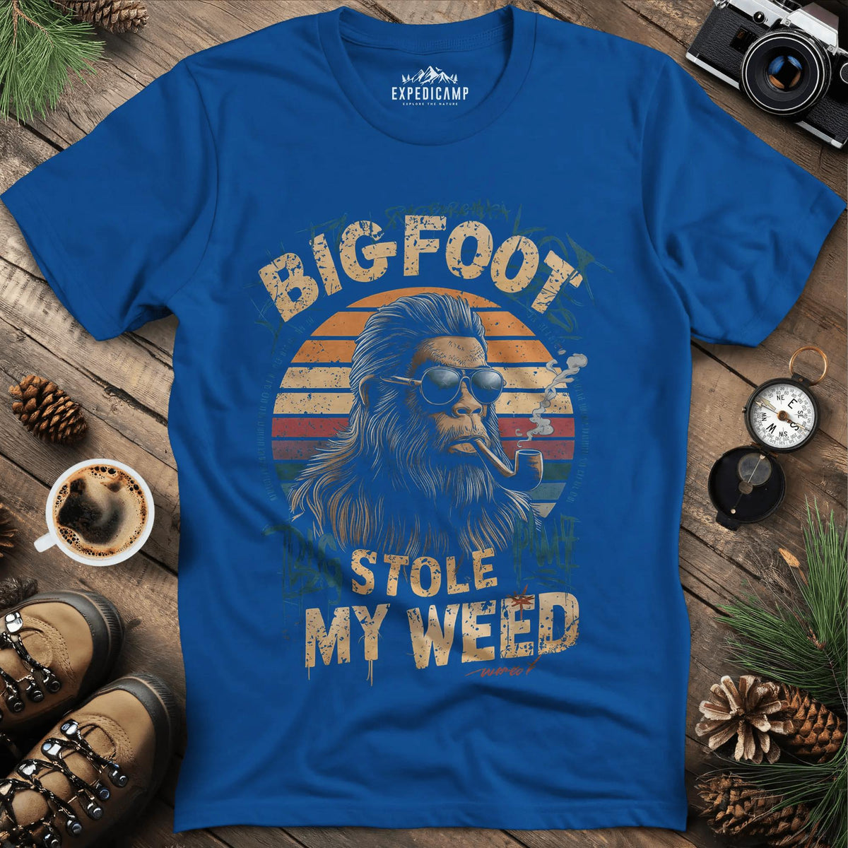 Bigfoot Stole My Weed T-Shirt – Royal – Outdoor apparel for travel, hiking, camping, and nature lovers – ExpediCamp
