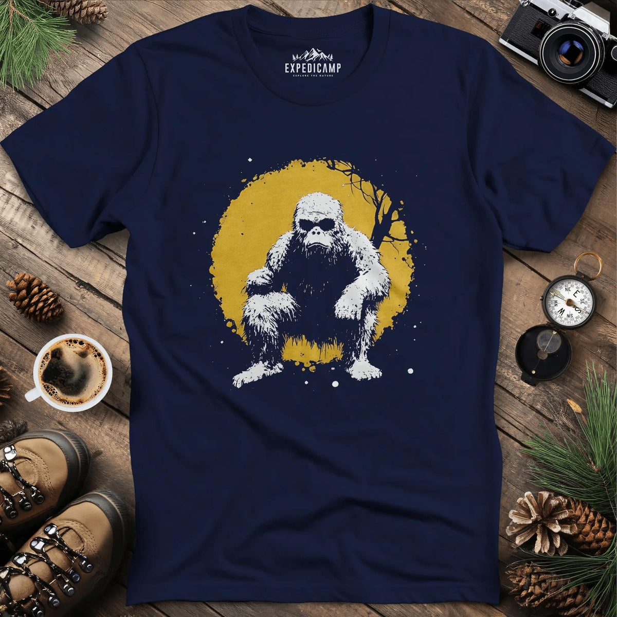 Bigfoot Swinging from a Tree T-Shirt – Adventurous Sasquatch Design – Navy – Outdoor apparel for travel, hiking, camping, and nature lovers – ExpediCamp