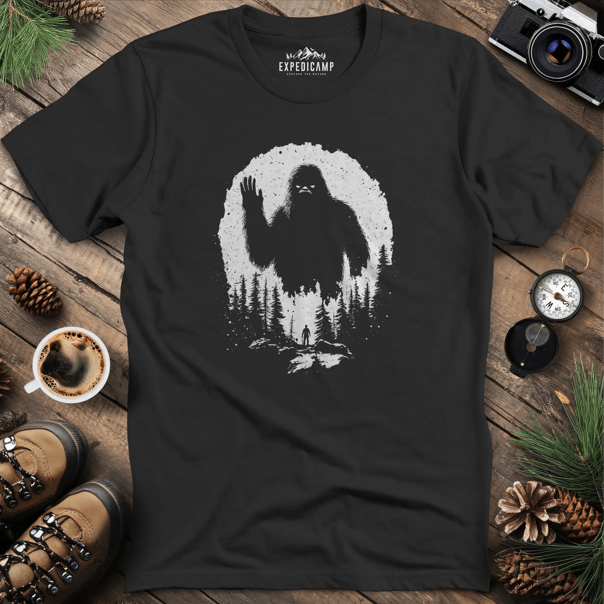 Bigfoot T-Shirt – Mysterious Adventure in the Wild Tee – Black – Outdoor apparel for travel, hiking, camping, and nature lovers – ExpediCamp