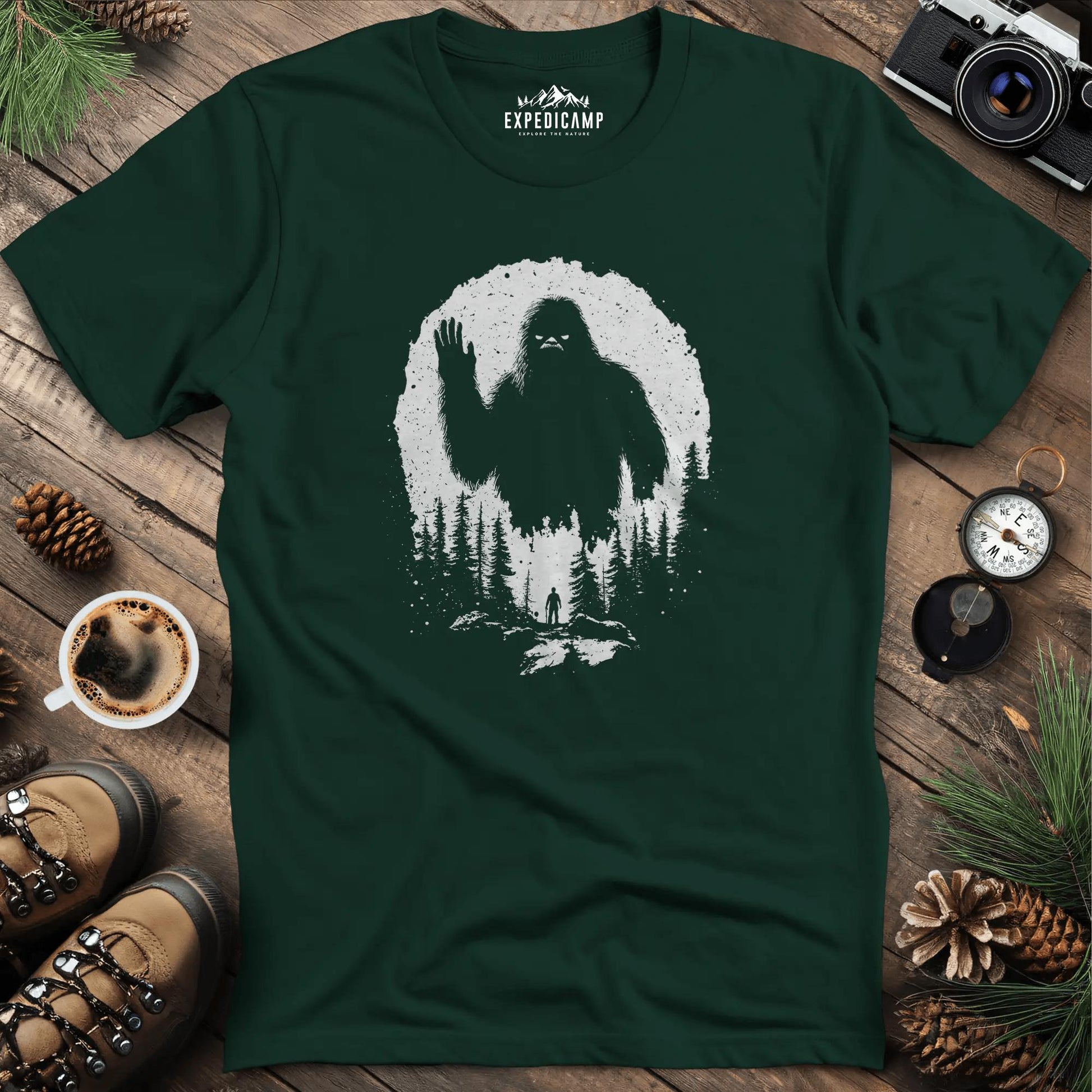 Bigfoot T-Shirt – Mysterious Adventure in the Wild Tee – Forest Green – Outdoor apparel for travel, hiking, camping, and nature lovers – ExpediCamp