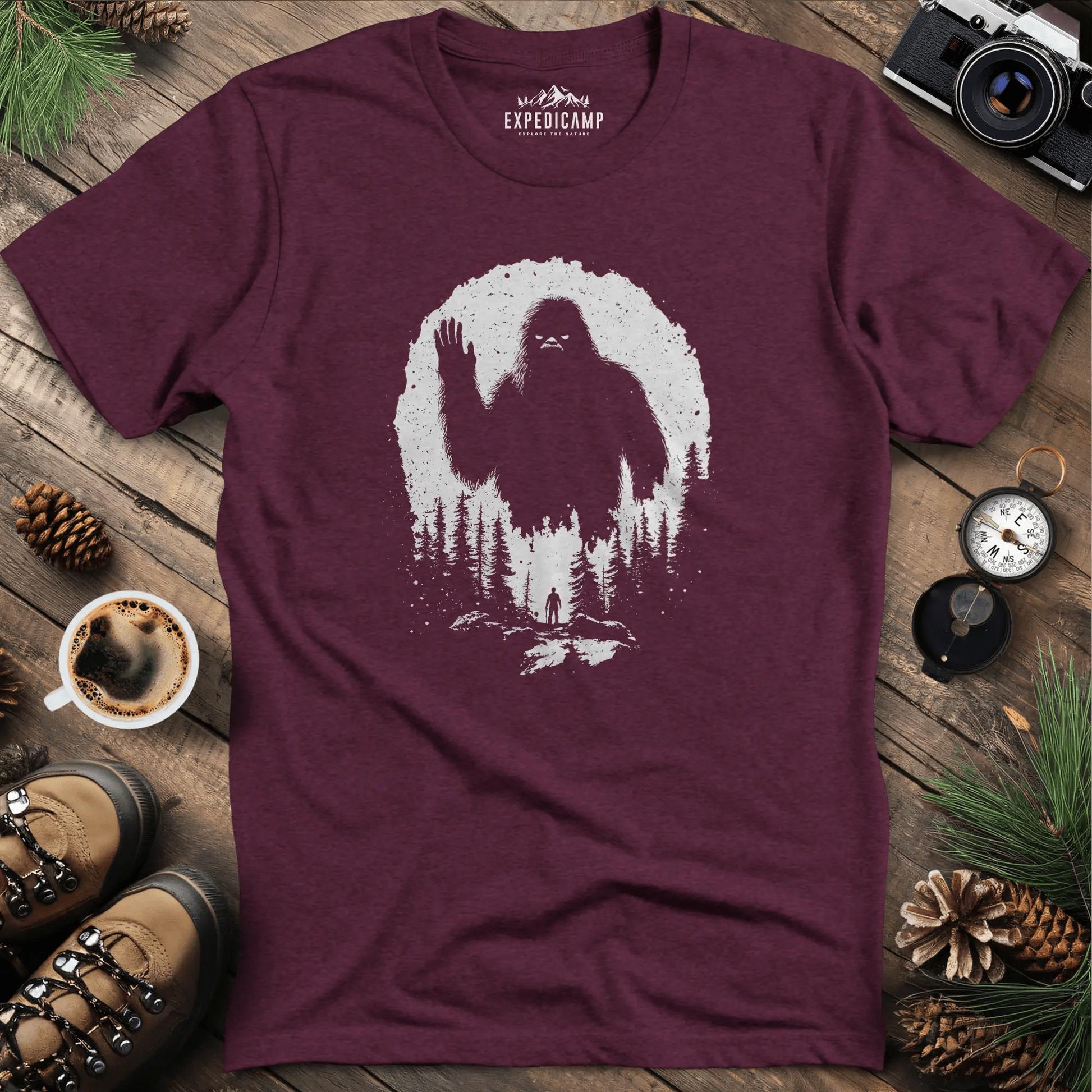 Bigfoot T-Shirt – Mysterious Adventure in the Wild Tee – Heather Maroon – Outdoor apparel for travel, hiking, camping, and nature lovers – ExpediCamp