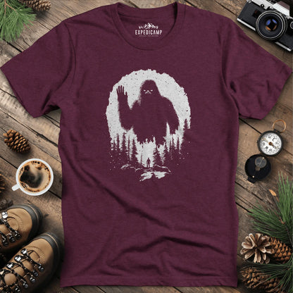 Bigfoot T-Shirt – Mysterious Adventure in the Wild Tee – Heather Maroon – Outdoor apparel for travel, hiking, camping, and nature lovers – ExpediCamp