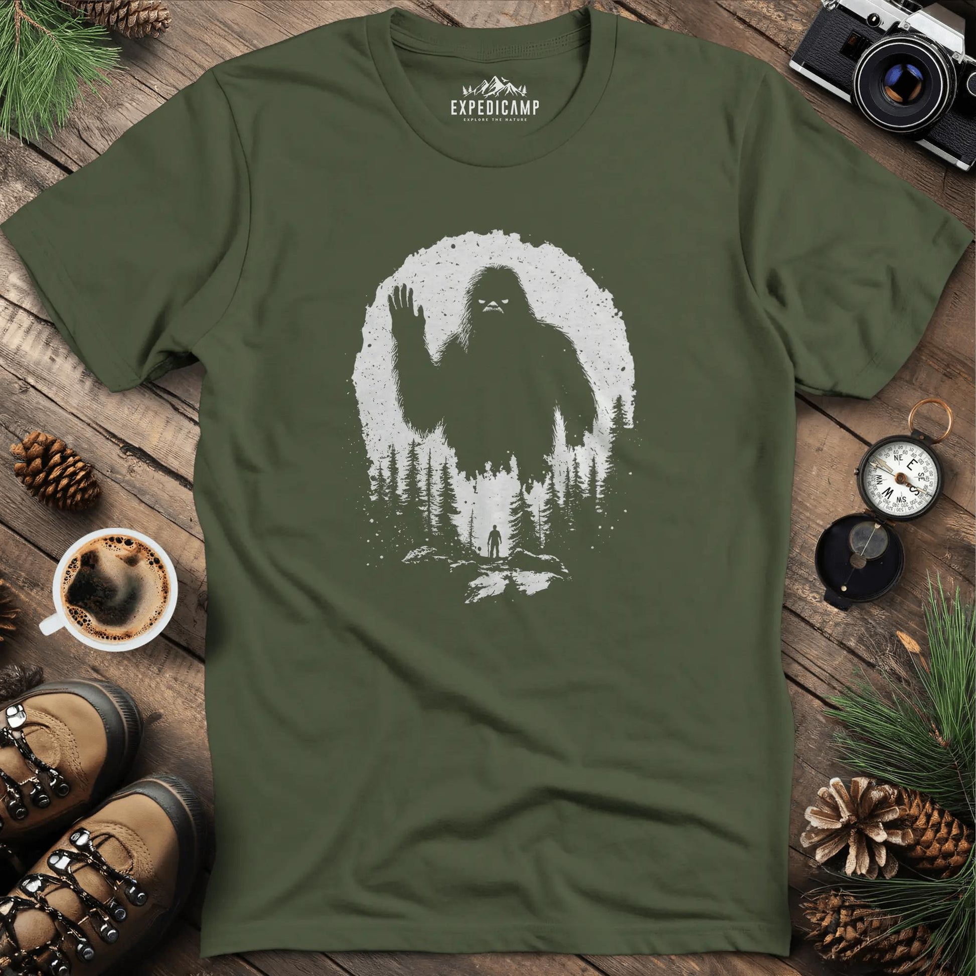 Bigfoot T-Shirt – Mysterious Adventure in the Wild Tee – Military Green – Outdoor apparel for travel, hiking, camping, and nature lovers – ExpediCamp