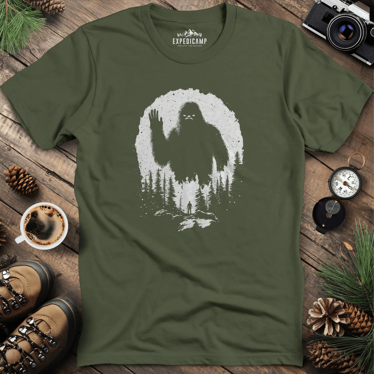 Bigfoot T-Shirt – Mysterious Adventure in the Wild Tee – Military Green – Outdoor apparel for travel, hiking, camping, and nature lovers – ExpediCamp