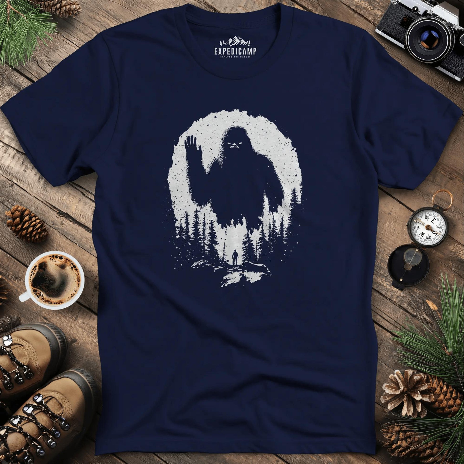 Bigfoot T-Shirt – Mysterious Adventure in the Wild Tee – Navy – Outdoor apparel for travel, hiking, camping, and nature lovers – ExpediCamp