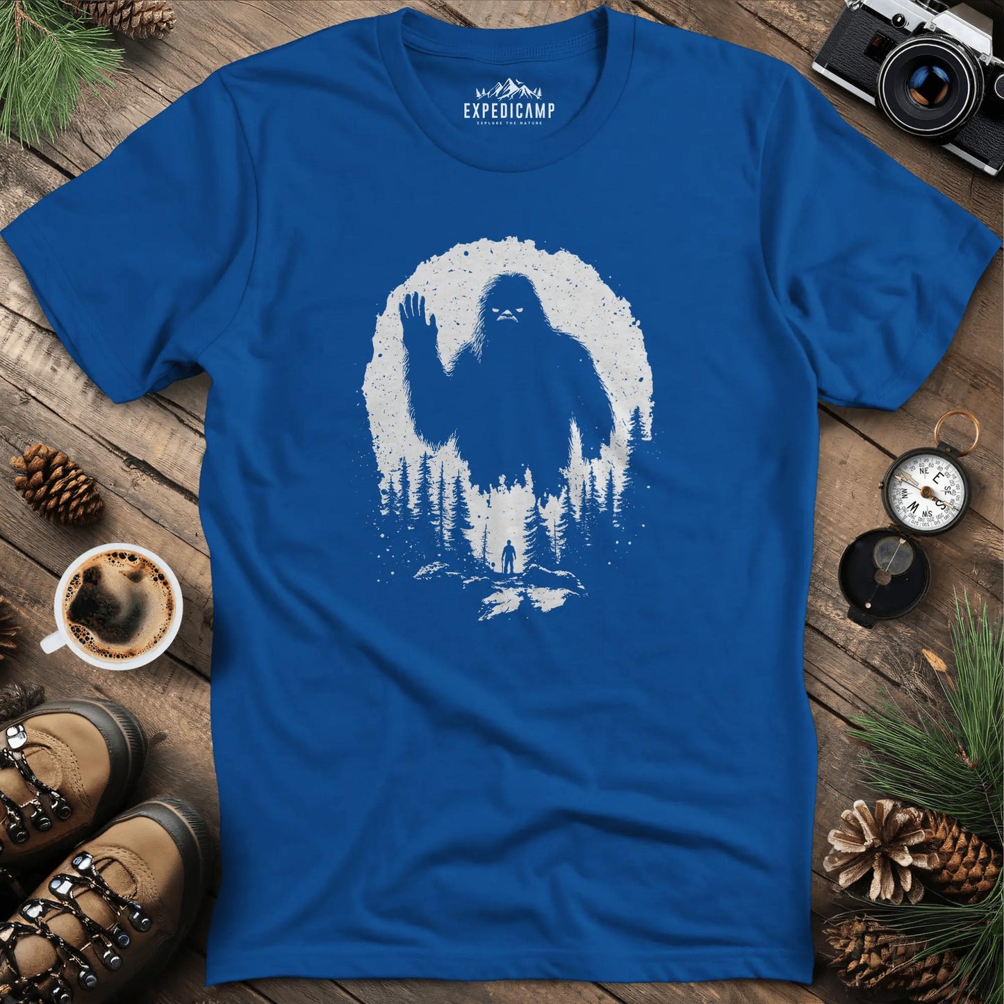 Bigfoot T-Shirt – Mysterious Adventure in the Wild Tee – Royal – Outdoor apparel for travel, hiking, camping, and nature lovers – ExpediCamp