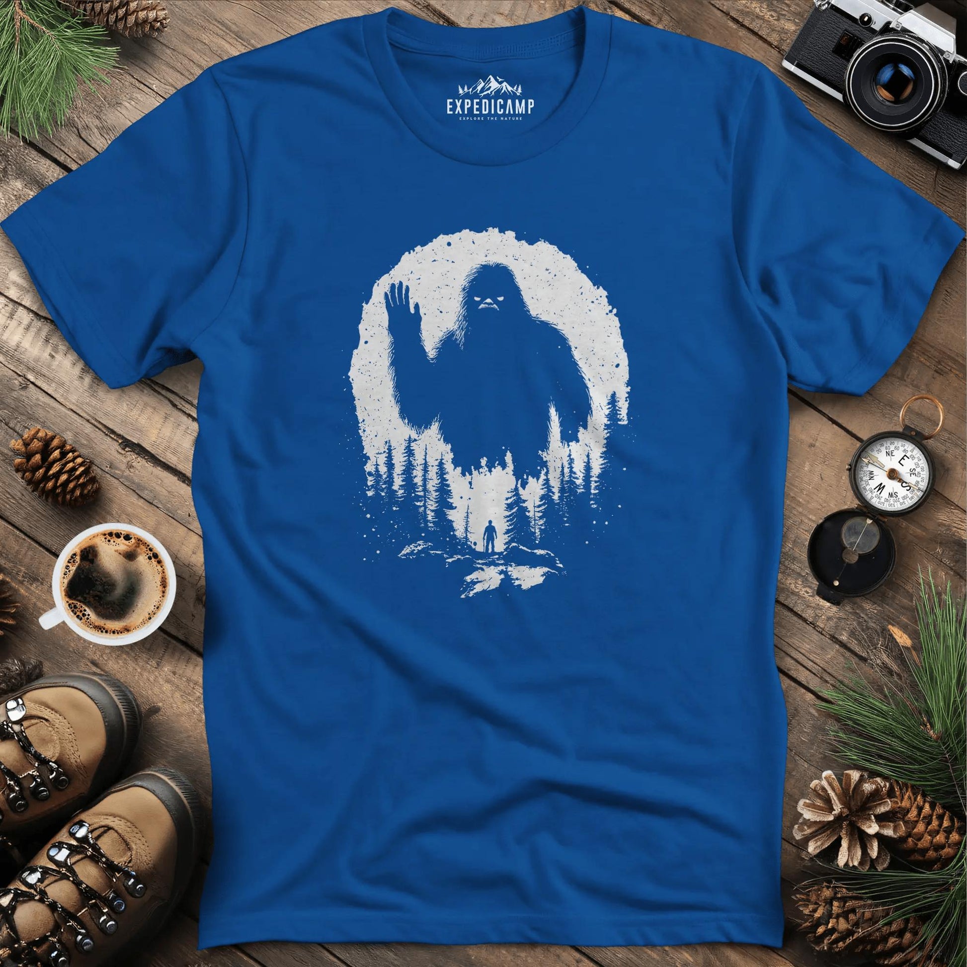 Bigfoot T-Shirt – Mysterious Adventure in the Wild Tee – Royal – Outdoor apparel for travel, hiking, camping, and nature lovers – ExpediCamp