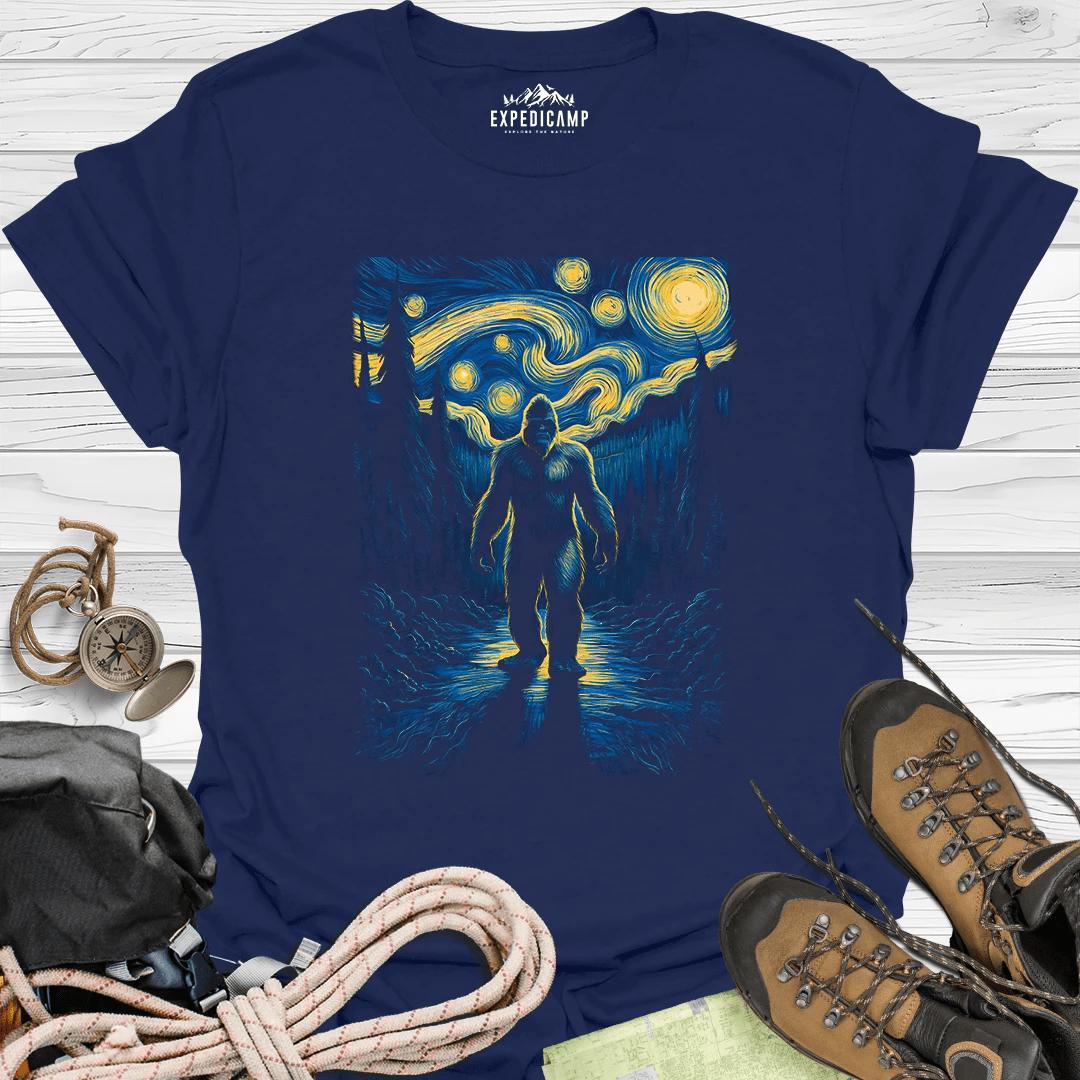 Bigfoot Van Gogh T-Shirt – Navy – Outdoor apparel for travel, hiking, camping, and nature lovers – ExpediCamp