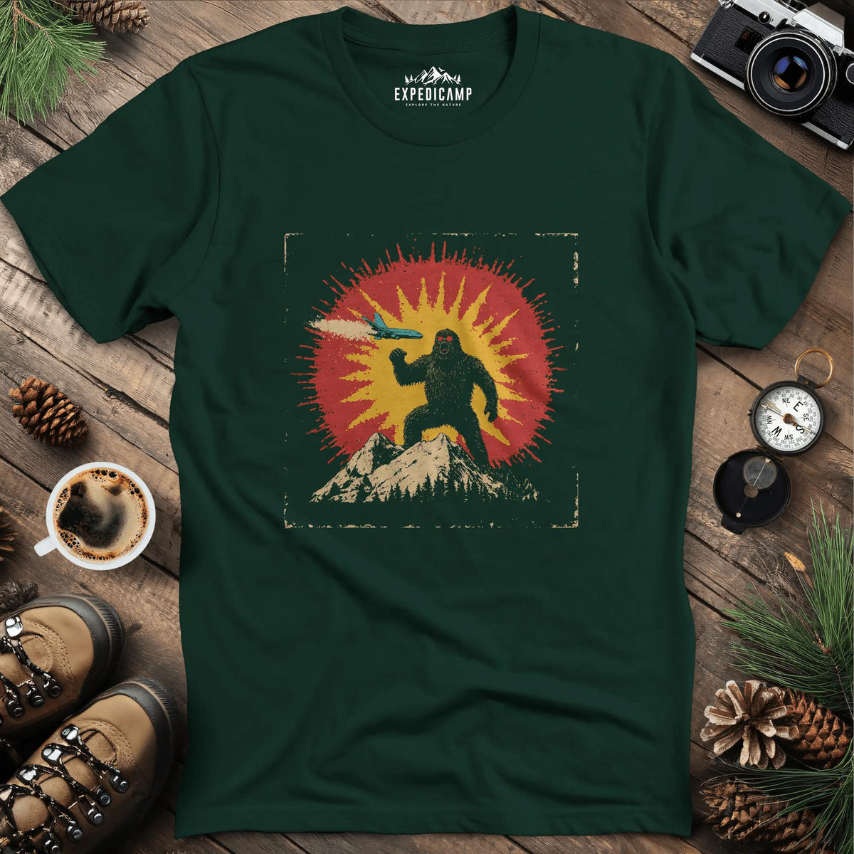 Bigfoot vs. The Skies T-Shirt – Forest Green – Outdoor apparel for travel, hiking, camping, and nature lovers – ExpediCamp