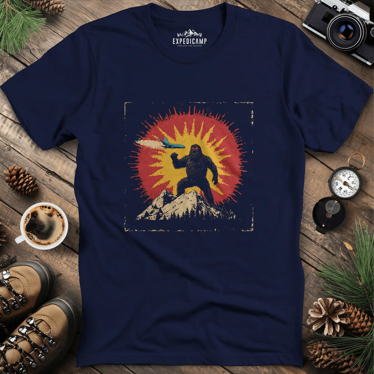 Bigfoot vs. The Skies T-Shirt – Navy – Outdoor apparel for travel, hiking, camping, and nature lovers – ExpediCamp