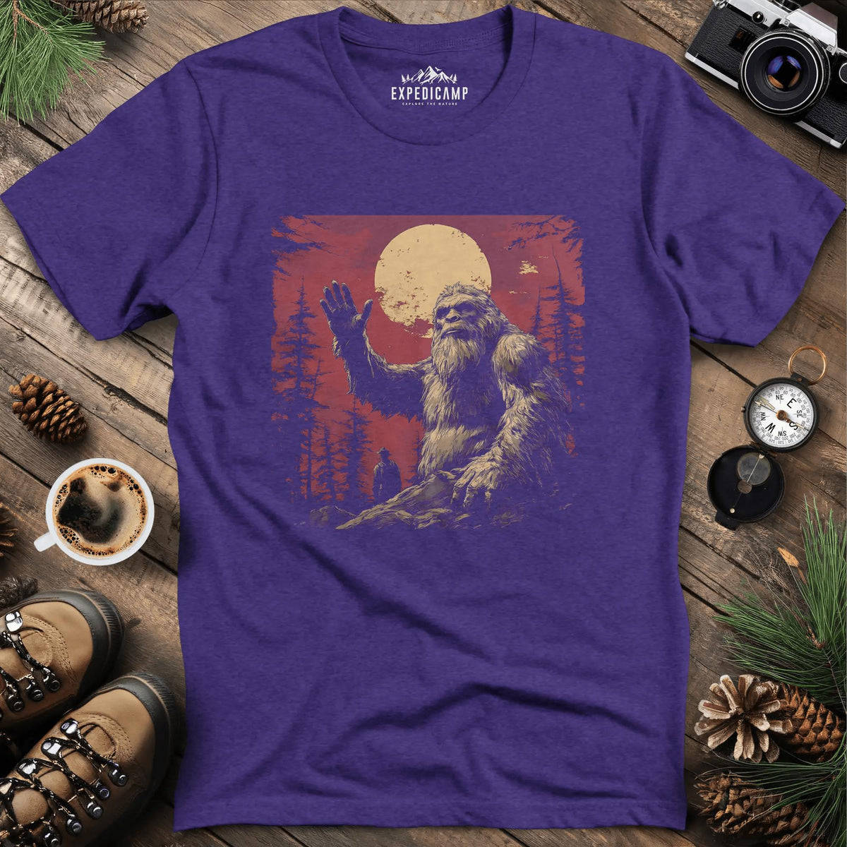 Bigfoot Waving T-Shirt – Friendly Sasquatch Under the Moon – Heather Purple – Outdoor apparel for travel, hiking, camping, and nature lovers – ExpediCamp