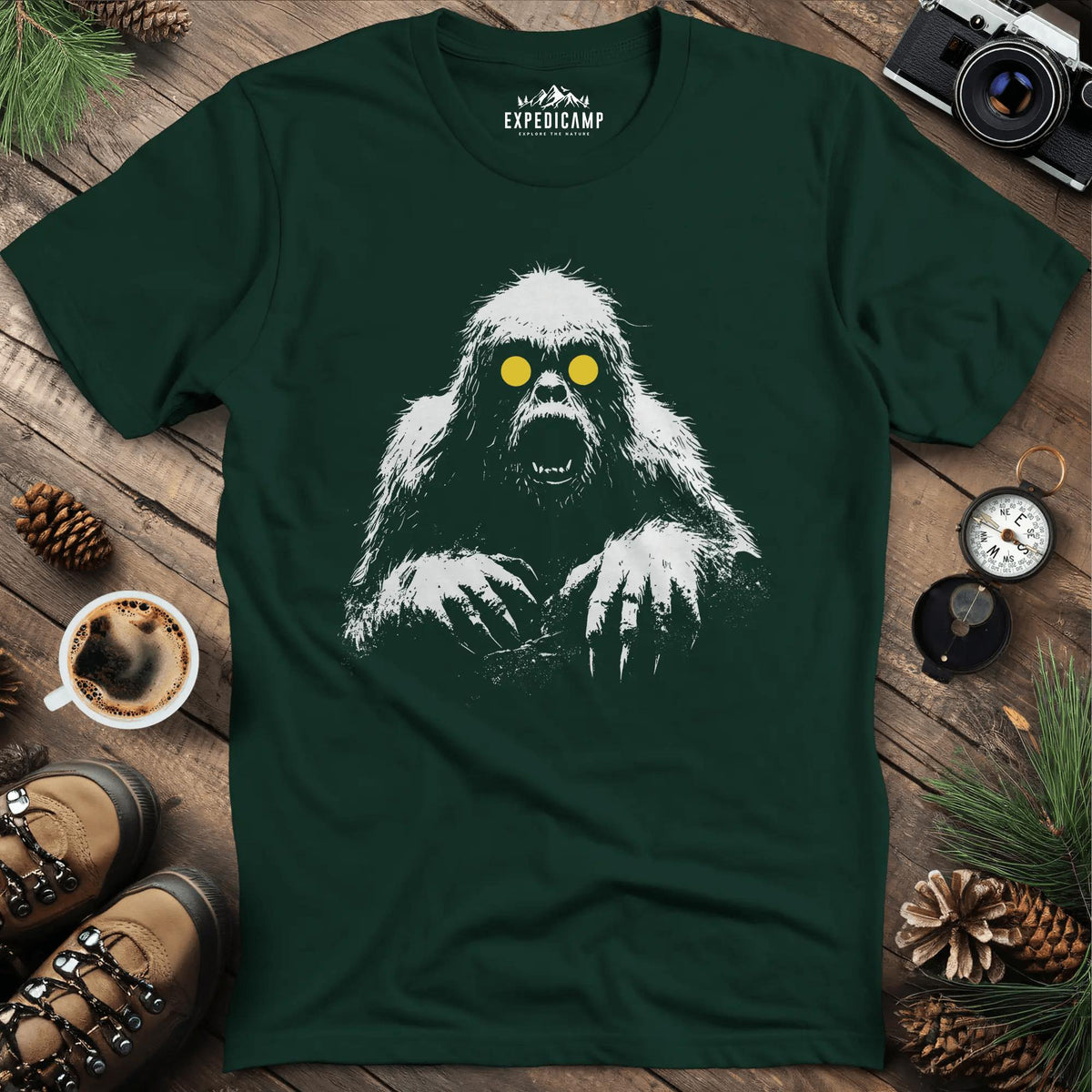 Bigfoot with Glowing Eyes T-Shirt – Mysterious Creature in the Dark – Forest Green – Outdoor apparel for travel, hiking, camping, and nature lovers – ExpediCamp