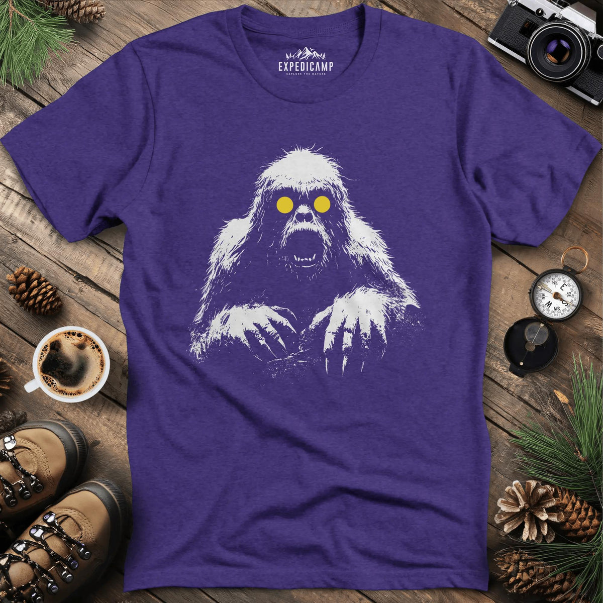 Bigfoot with Glowing Eyes T-Shirt – Mysterious Creature in the Dark – Heather Purple – Outdoor apparel for travel, hiking, camping, and nature lovers – ExpediCamp