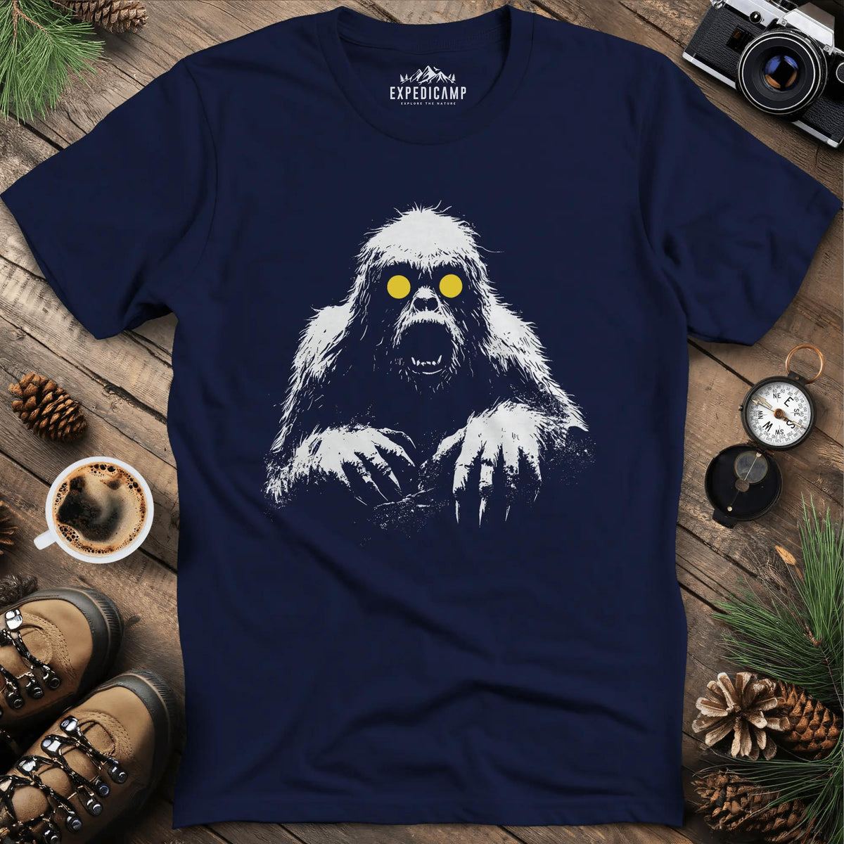 Bigfoot with Glowing Eyes T-Shirt – Mysterious Creature in the Dark – Navy – Outdoor apparel for travel, hiking, camping, and nature lovers – ExpediCamp