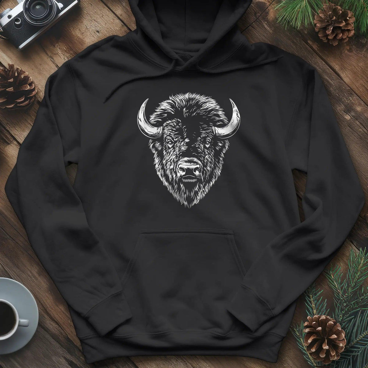 Bison Majesty Hoodie – Black – Outdoor apparel for travel, hiking, camping, and nature lovers – ExpediCamp