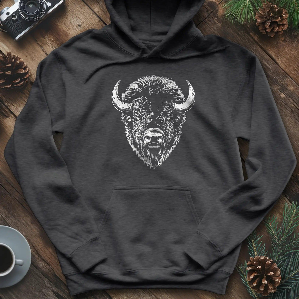 Bison Majesty Hoodie – Dark Heather – Outdoor apparel for travel, hiking, camping, and nature lovers – ExpediCamp