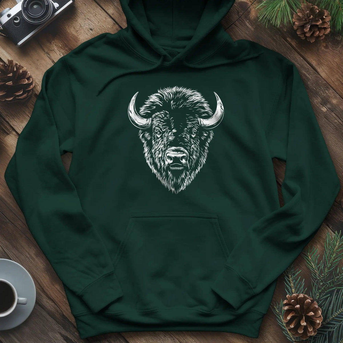 Bison Majesty Hoodie – Forest Green – Outdoor apparel for travel, hiking, camping, and nature lovers – ExpediCamp