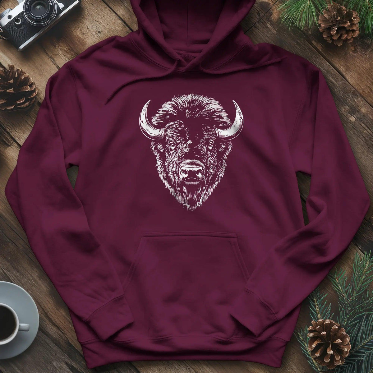 Bison Majesty Hoodie – Maroon – Outdoor apparel for travel, hiking, camping, and nature lovers – ExpediCamp