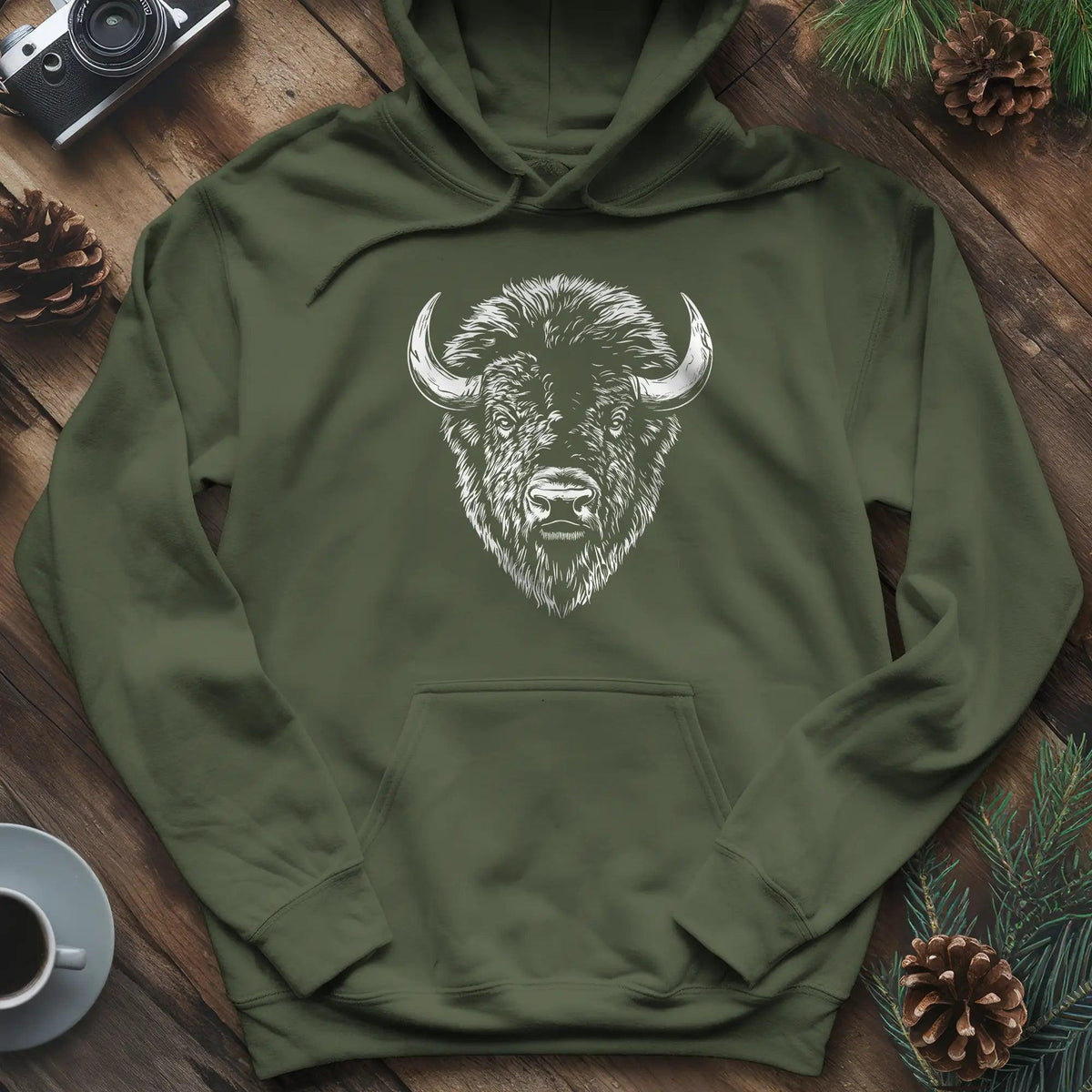 Bison Majesty Hoodie – Military Green – Outdoor apparel for travel, hiking, camping, and nature lovers – ExpediCamp