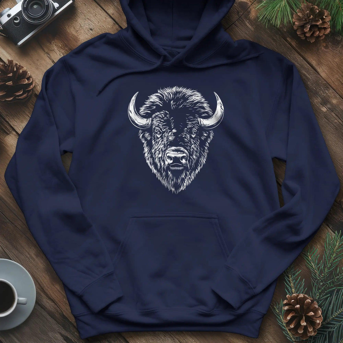 Bison Majesty Hoodie – Navy – Outdoor apparel for travel, hiking, camping, and nature lovers – ExpediCamp