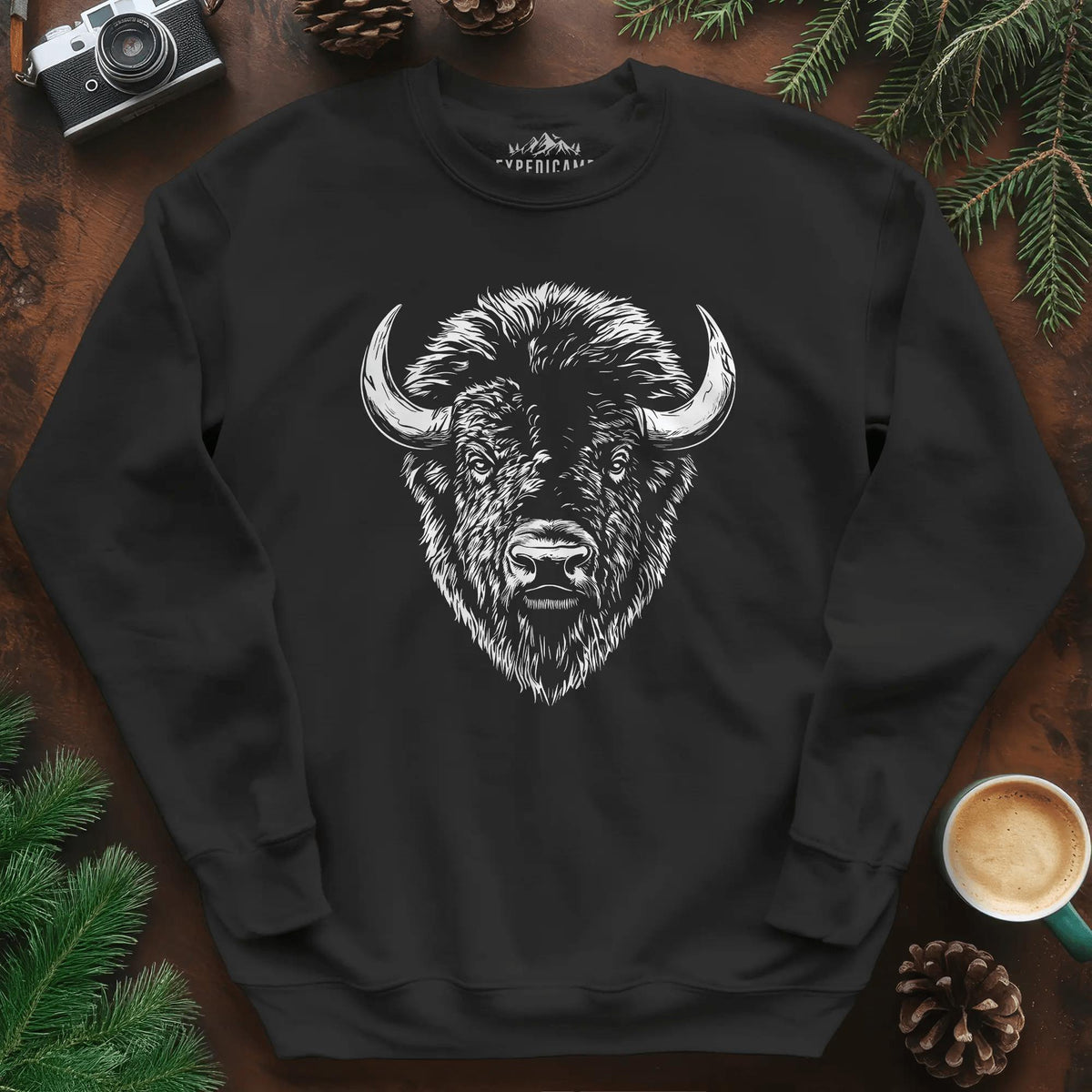 Bison Majesty Sweatshirt – Black – Outdoor apparel for travel, hiking, camping, and nature lovers – ExpediCamp