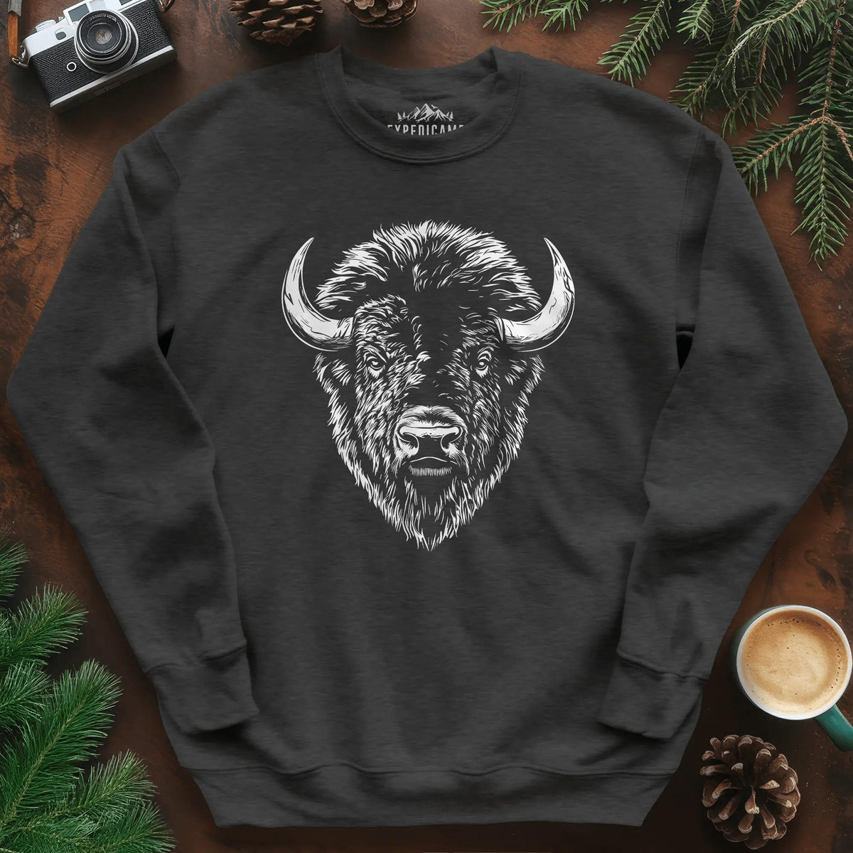 Bison Majesty Sweatshirt – Dark Heather – Outdoor apparel for travel, hiking, camping, and nature lovers – ExpediCamp