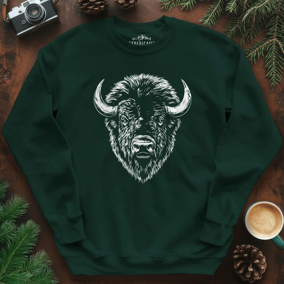 Bison Majesty Sweatshirt – Forest Green – Outdoor apparel for travel, hiking, camping, and nature lovers – ExpediCamp