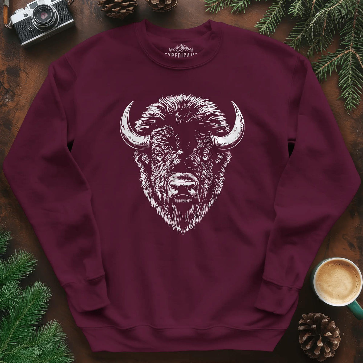 Bison Majesty Sweatshirt – Maroon – Outdoor apparel for travel, hiking, camping, and nature lovers – ExpediCamp