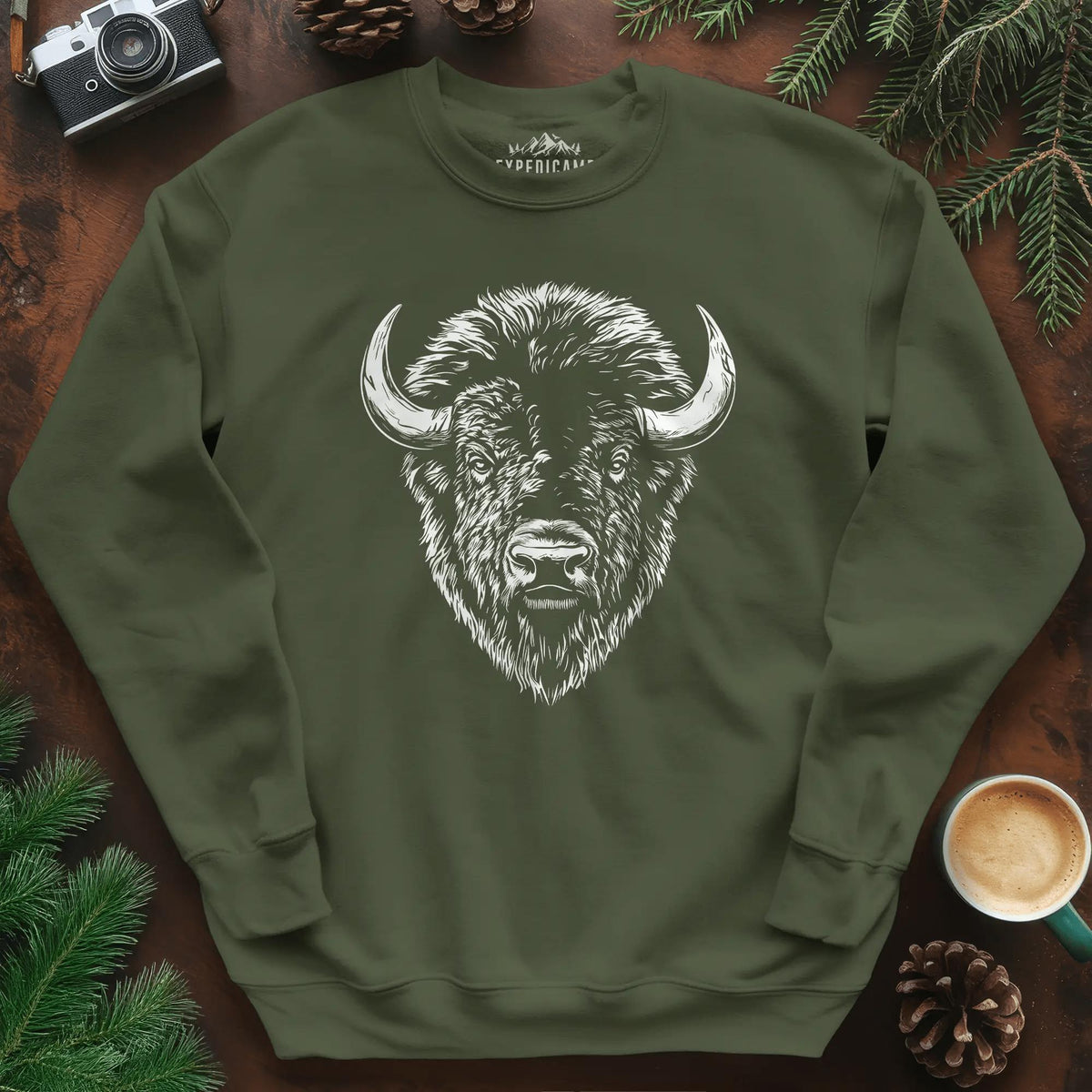 Bison Majesty Sweatshirt – Military Green – Outdoor apparel for travel, hiking, camping, and nature lovers – ExpediCamp