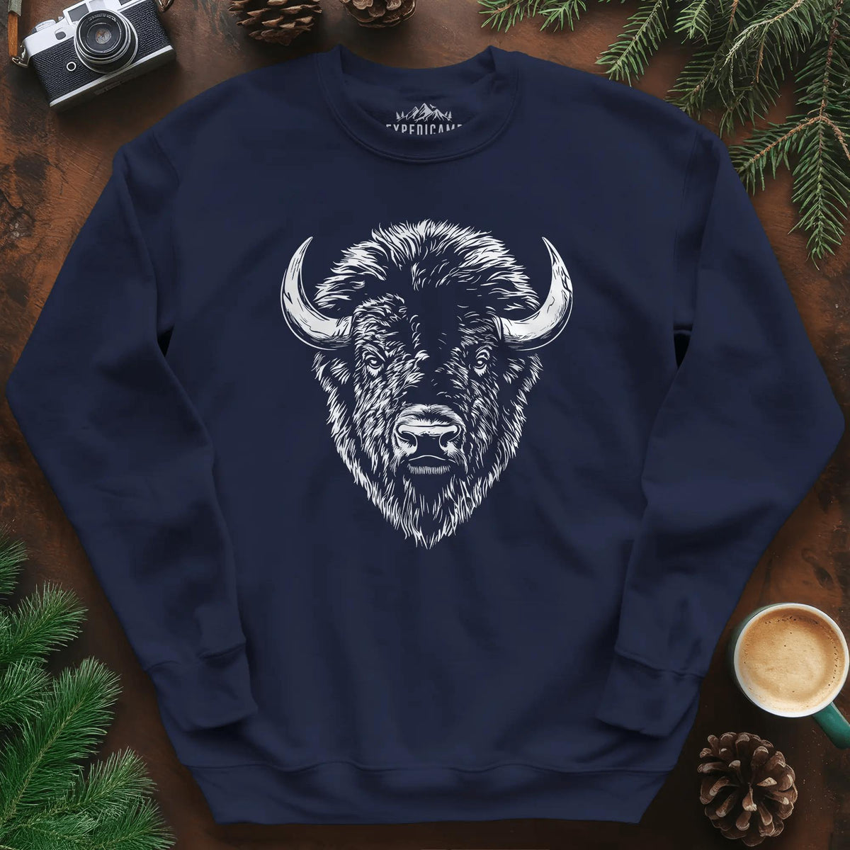 Bison Majesty Sweatshirt – Navy – Outdoor apparel for travel, hiking, camping, and nature lovers – ExpediCamp