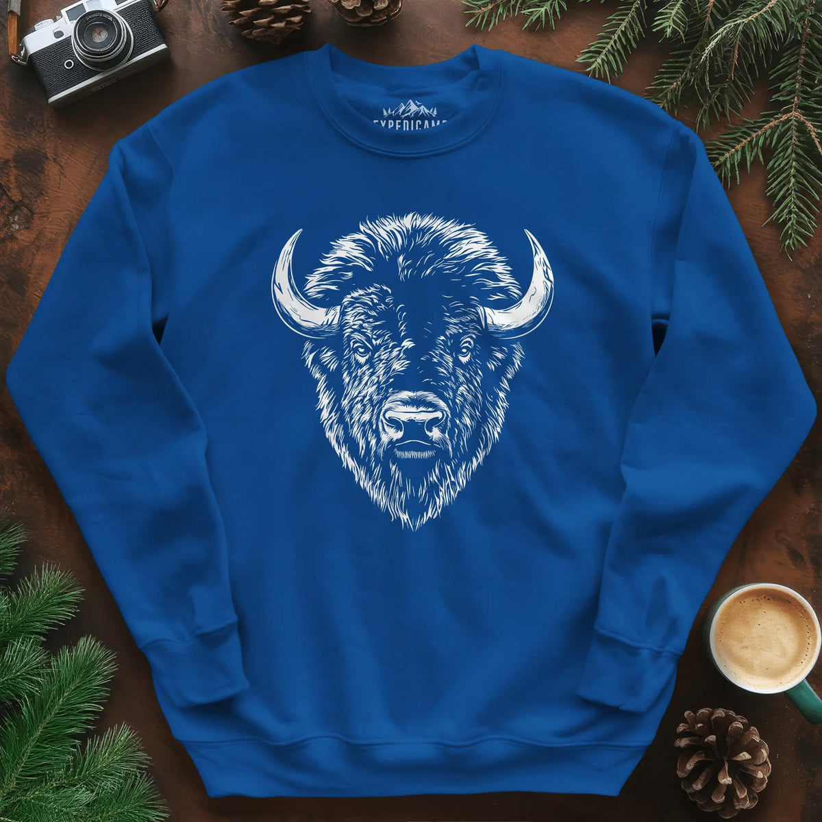 Bison Majesty Sweatshirt – Royal – Outdoor apparel for travel, hiking, camping, and nature lovers – ExpediCamp