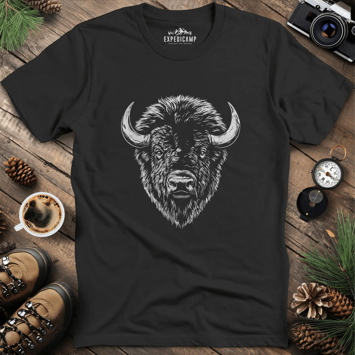 Bison Majesty T-Shirt – Black – Outdoor apparel for travel, hiking, camping, and nature lovers – ExpediCamp