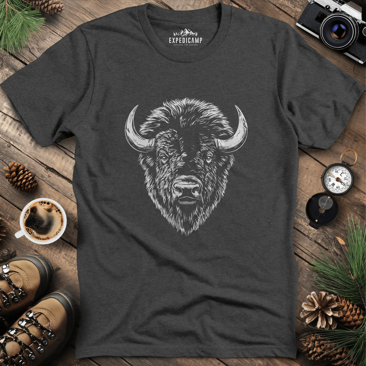 Bison Majesty T-Shirt – Dark Heather – Outdoor apparel for travel, hiking, camping, and nature lovers – ExpediCamp