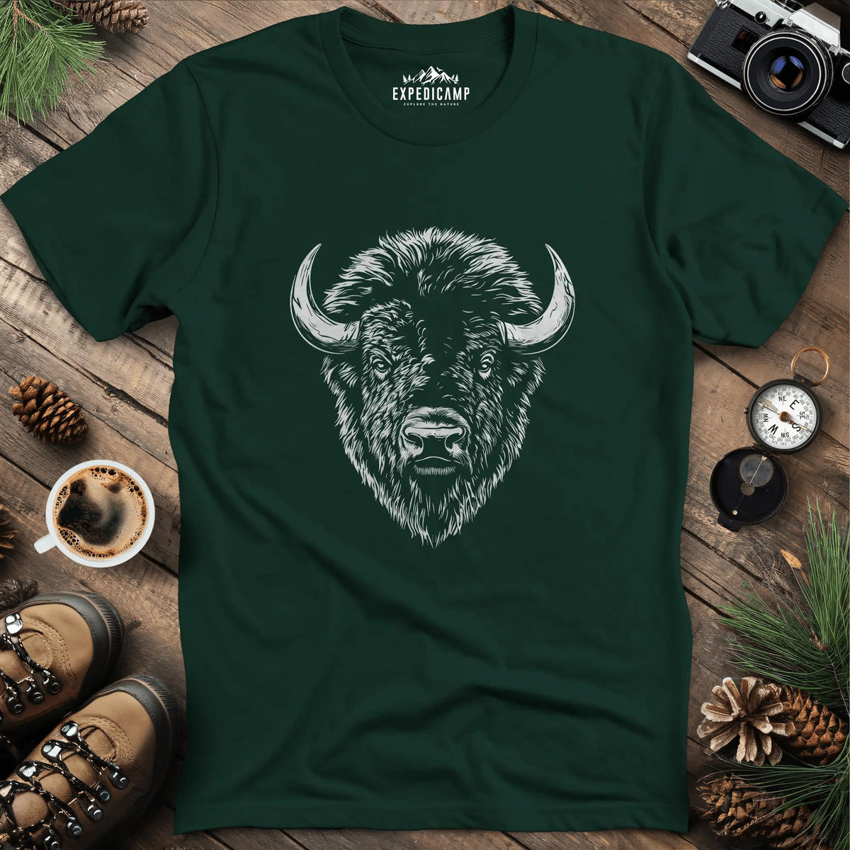 Bison Majesty T-Shirt – Forest Green – Outdoor apparel for travel, hiking, camping, and nature lovers – ExpediCamp