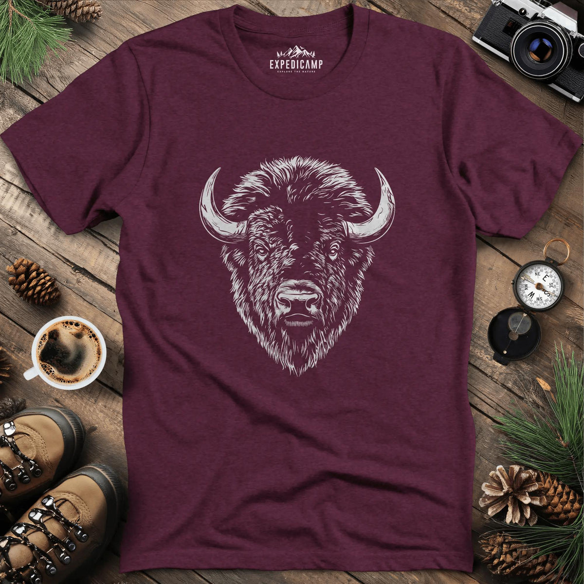Bison Majesty T-Shirt – Heather Maroon – Outdoor apparel for travel, hiking, camping, and nature lovers – ExpediCamp
