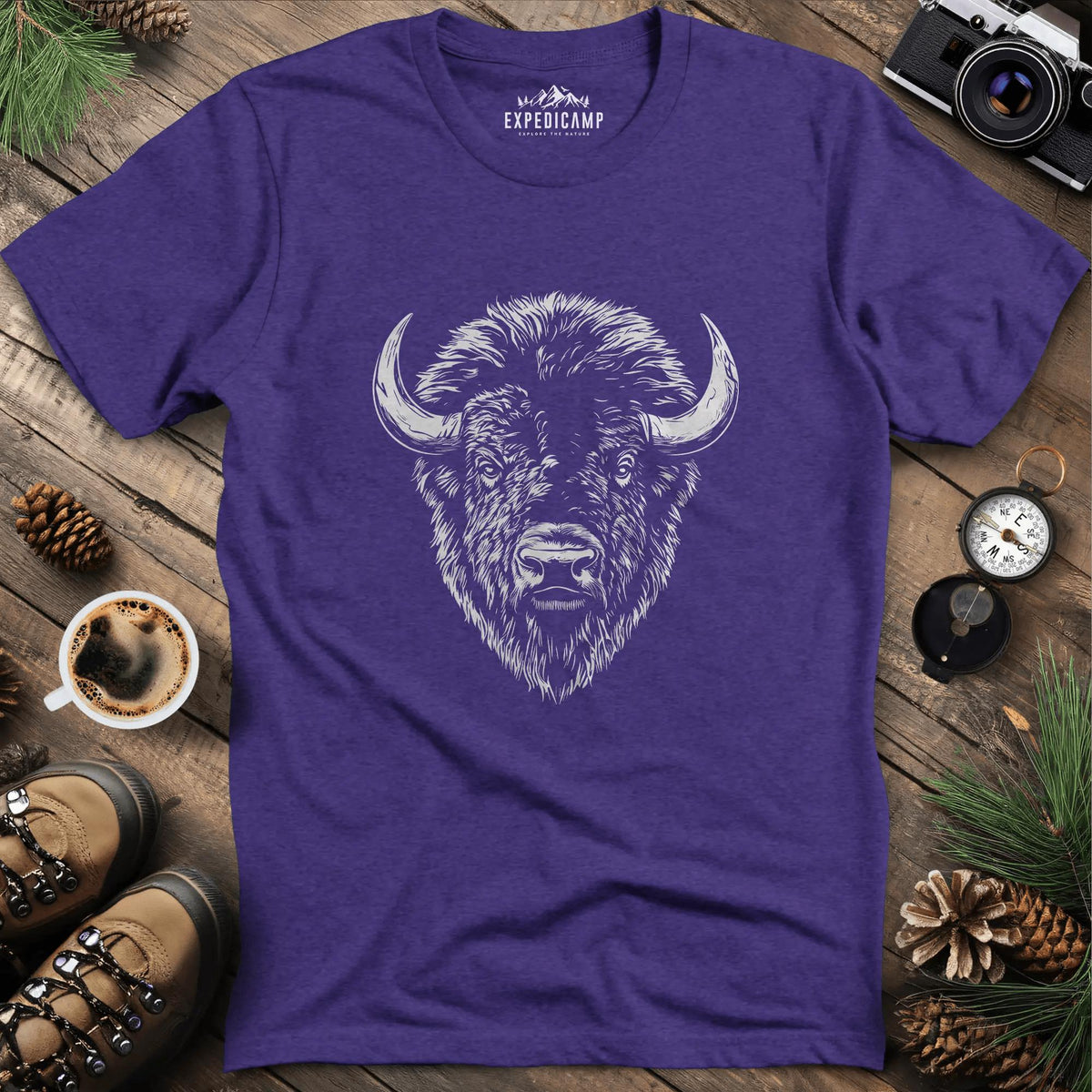 Bison Majesty T-Shirt – Heather Purple – Outdoor apparel for travel, hiking, camping, and nature lovers – ExpediCamp