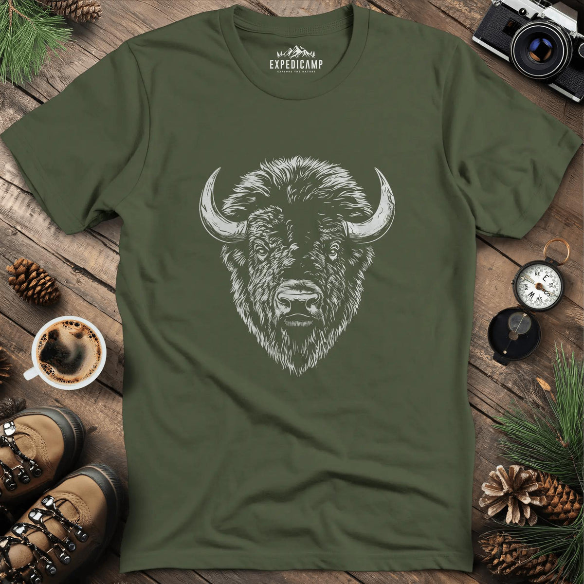 Bison Majesty T-Shirt – Military Green – Outdoor apparel for travel, hiking, camping, and nature lovers – ExpediCamp