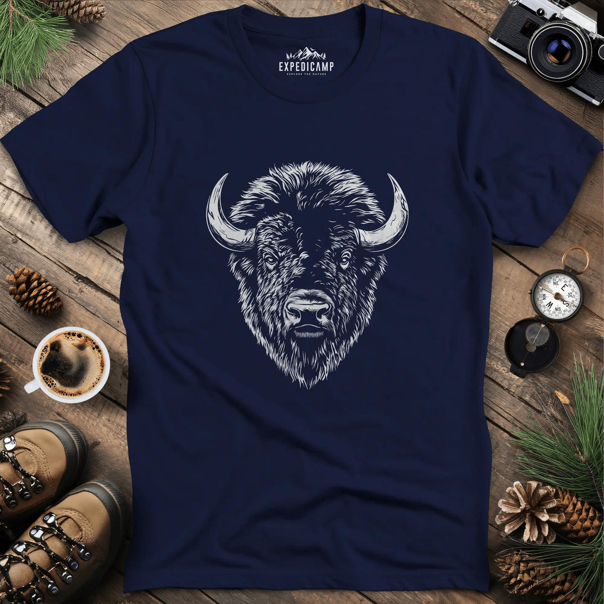 Bison Majesty T-Shirt – Navy – Outdoor apparel for travel, hiking, camping, and nature lovers – ExpediCamp