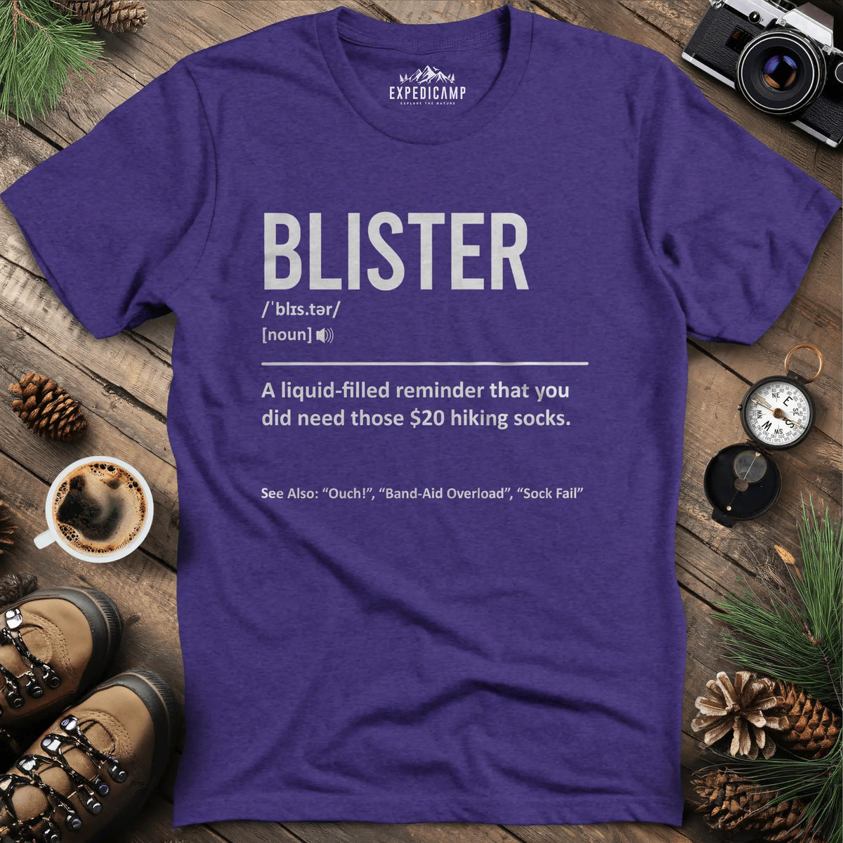 Blister Definition T-Shirt – Heather Purple – Outdoor apparel for travel, hiking, camping, and nature lovers – ExpediCamp