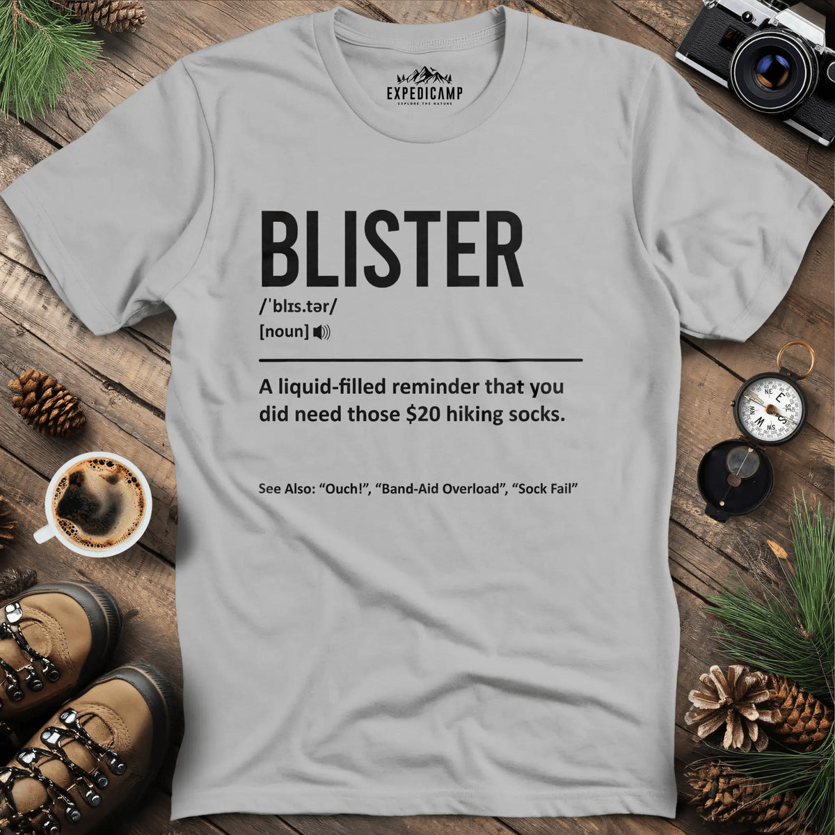 Blister Definition T-Shirt – Ice Grey – Outdoor apparel for travel, hiking, camping, and nature lovers – ExpediCamp