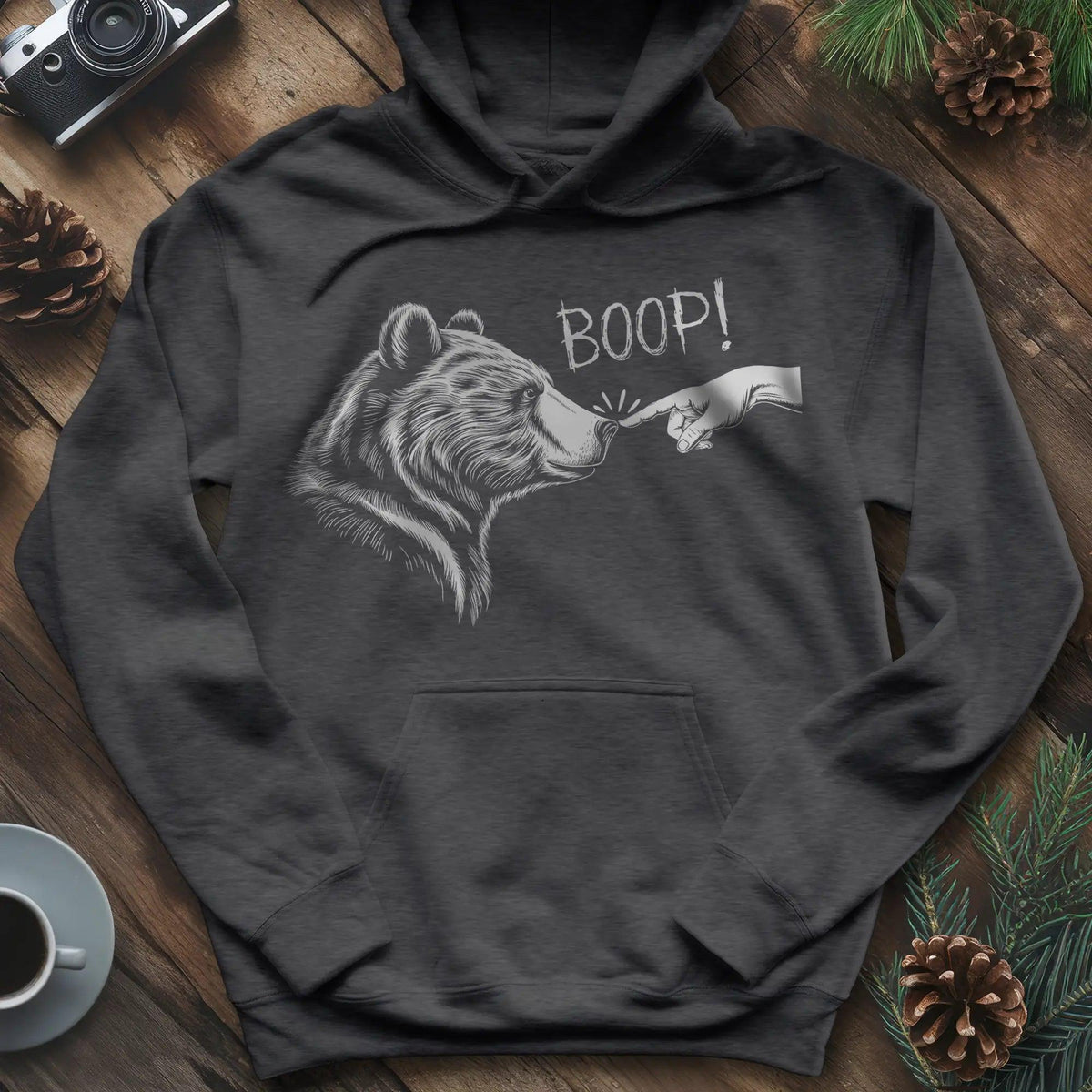 Boop Bear Hoodie – Cozy and Playful Bear Lover’s Hoodie – Dark Heather – Outdoor apparel for travel, hiking, camping, and nature lovers – ExpediCamp