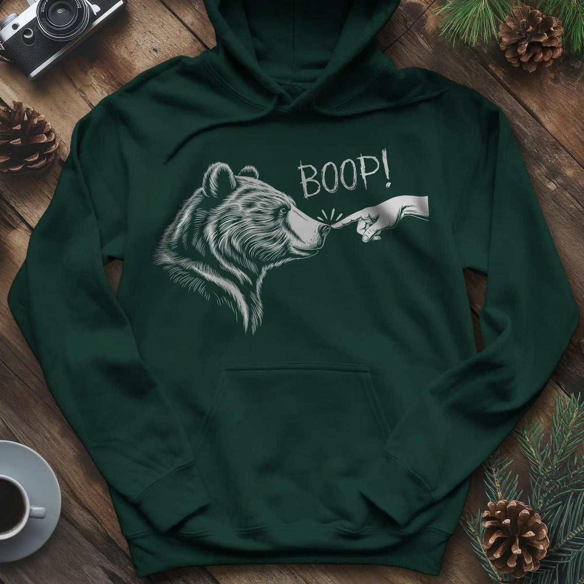 Boop Bear Hoodie – Cozy and Playful Bear Lover’s Hoodie – Forest Green – Outdoor apparel for travel, hiking, camping, and nature lovers – ExpediCamp