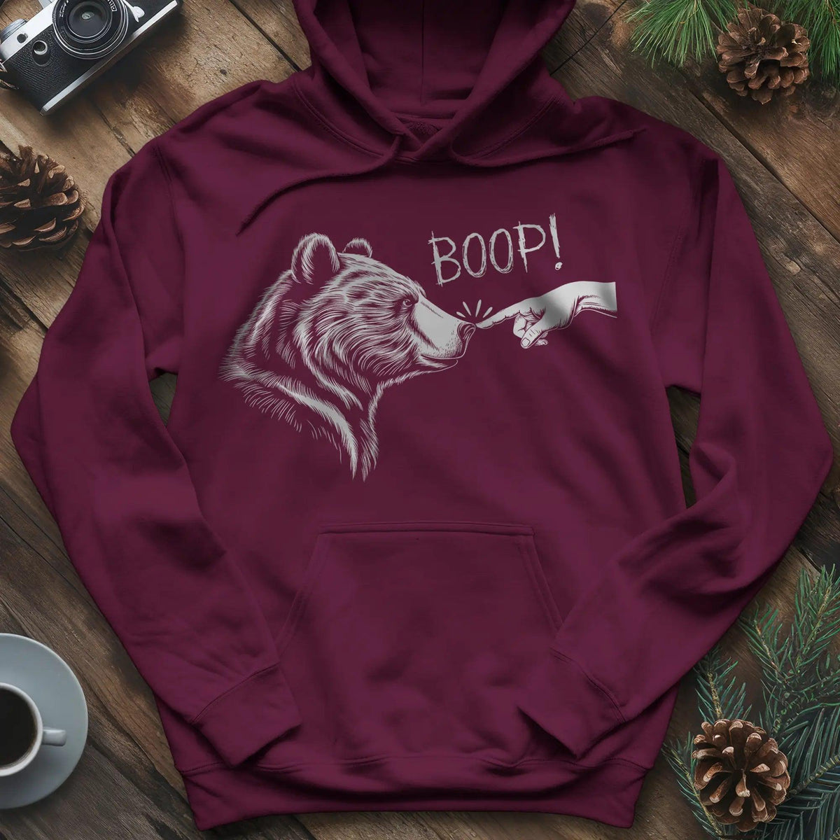 Boop Bear Hoodie – Cozy and Playful Bear Lover’s Hoodie – Maroon – Outdoor apparel for travel, hiking, camping, and nature lovers – ExpediCamp
