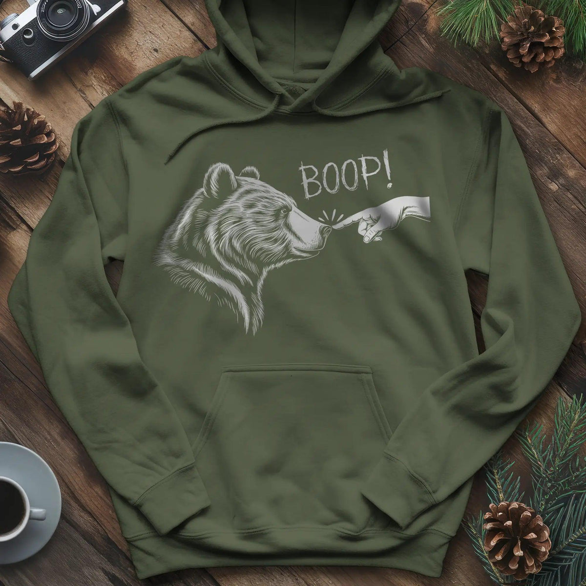 Boop Bear Hoodie – Cozy and Playful Bear Lover’s Hoodie – Military Green – Outdoor apparel for travel, hiking, camping, and nature lovers – ExpediCamp