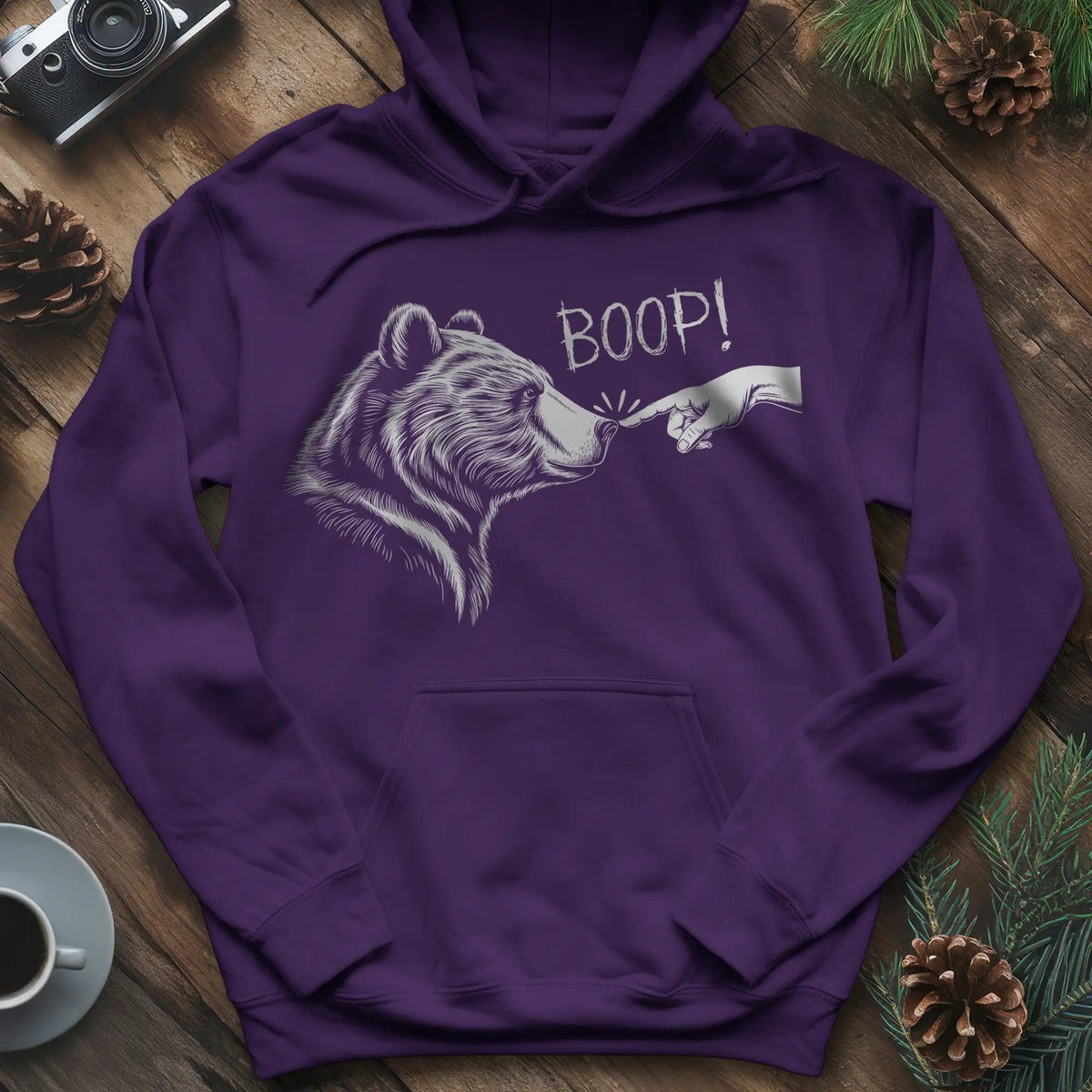 Boop Bear Hoodie – Cozy and Playful Bear Lover’s Hoodie – Purple – Outdoor apparel for travel, hiking, camping, and nature lovers – ExpediCamp