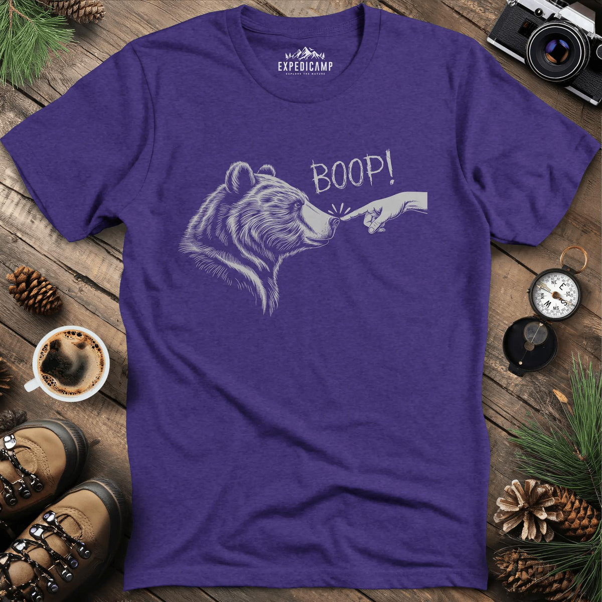 Boop! Bear Nose T-Shirt – Heather Purple – Outdoor apparel for travel, hiking, camping, and nature lovers – ExpediCamp