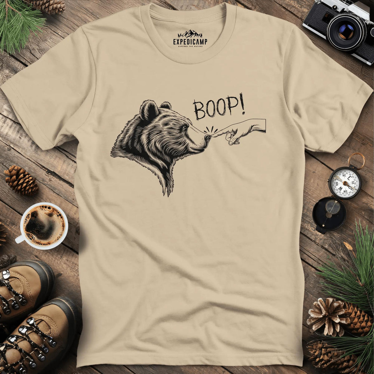 Boop! Bear Nose T-Shirt – Sand – Outdoor apparel for travel, hiking, camping, and nature lovers – ExpediCamp