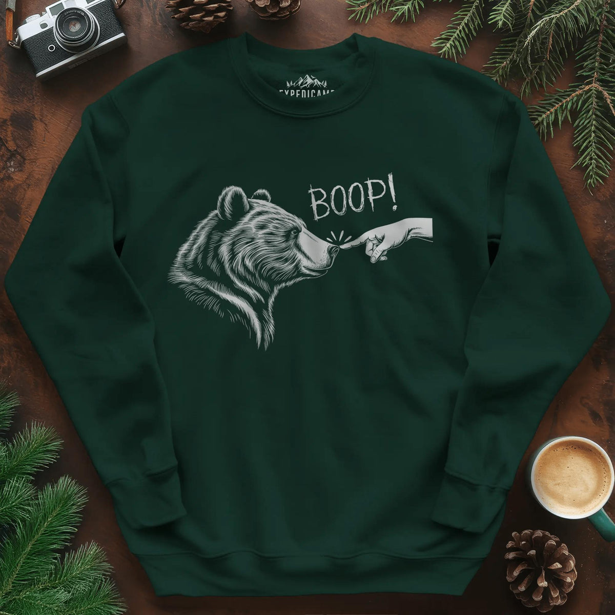Boop Bear Sweatshirt – Funny Bear Lover Sweatshirt – Forest Green – Outdoor apparel for travel, hiking, camping, and nature lovers – ExpediCamp